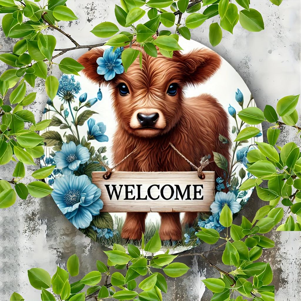 Wooden Charming Highland Cow and Blue Wildflowers 8X8 Inch Wooden Sign - UV Resistant and Scratch Resistant, for Door, Wall, Home, Room, Farmhouse