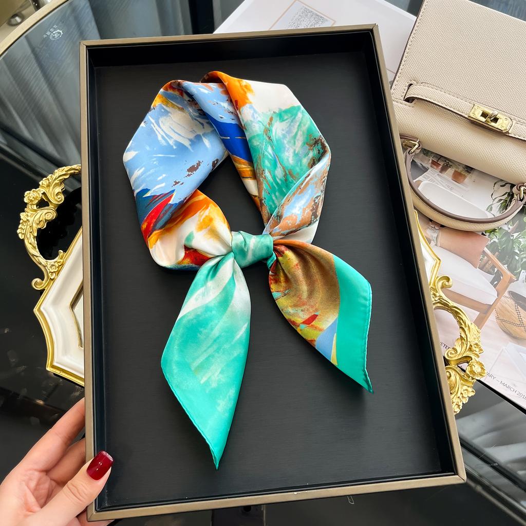 Luxury Silk Hair Square Scarf Women Satin Neck Tie Hand Wrist Foulard Summer Print Shawl Wraps Head Kerchief Hijab Bandana
