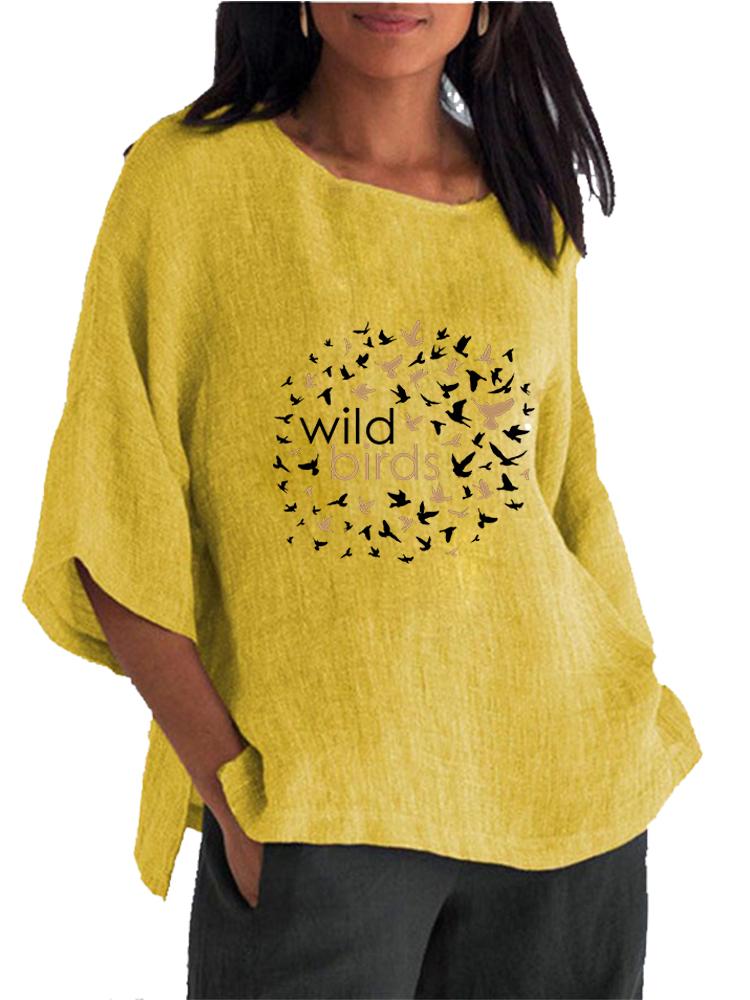 Women Fashion Cotton Linen 3/4 Long Sleeve Top Spring&summer O Neck Print Shirt Ladies Pullover Loose Blouse