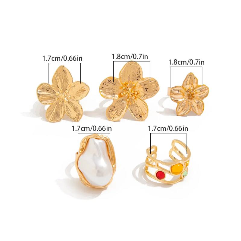 Retro Punk Metel Irregular Exaggerated Flower Ring For Women Elegant Baroque Pearl Open Ring Jewelry Accessories Gifts