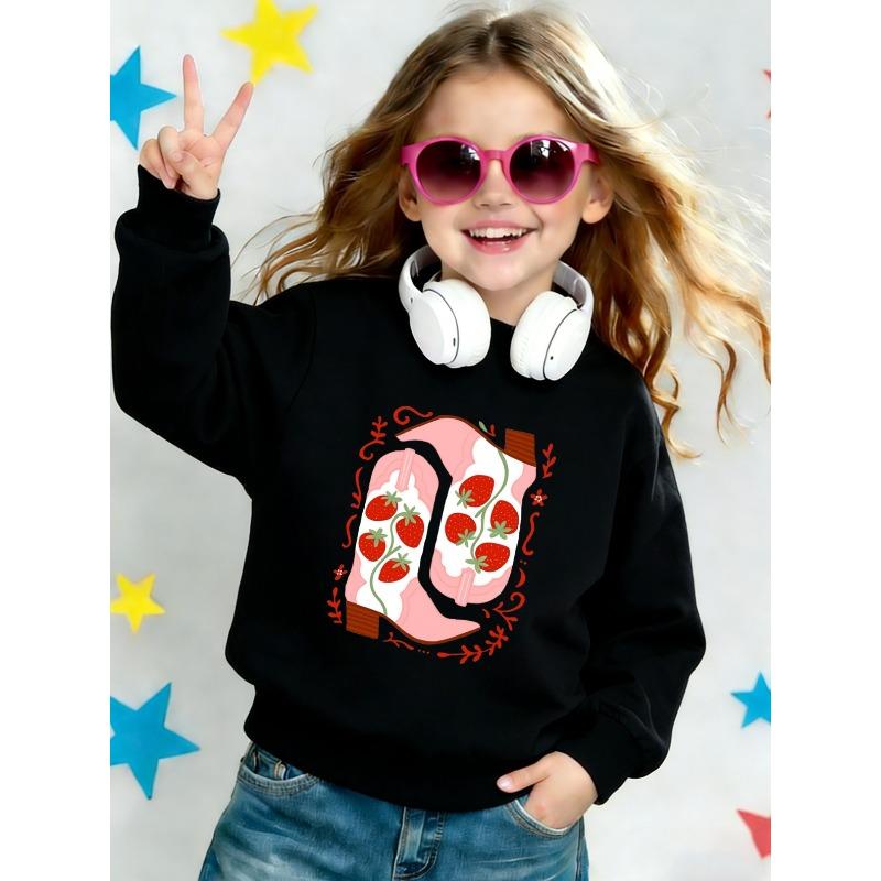 European sizes Cute Strawberry Print Pattern Kids' Lightweight Crew Neck Sweatshirt, Comfortable Outdoor Wear Choice for Children Aged 0-3 Years