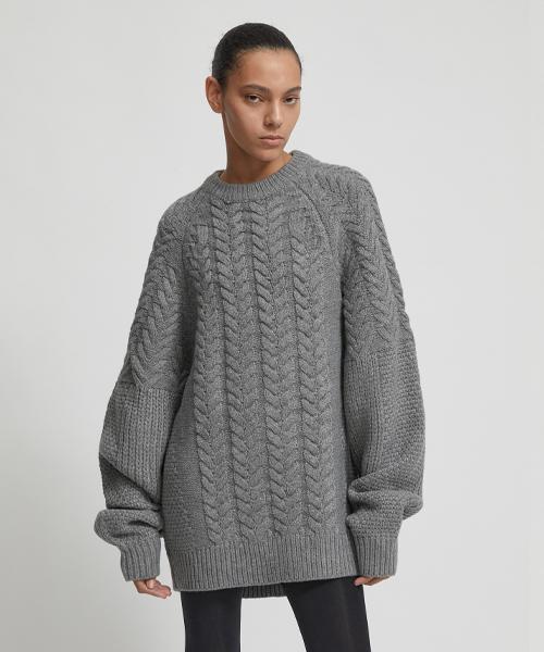 LADY VOLUME Drop Shoulder Oversized Cable Knit Sweater_Gray