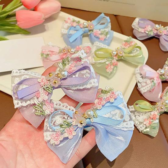 Girl Hair Pin Thin Organza Lace Embroidery Flower Lace Imitation Pearls Decor Hair Clip Spring Forest Style Hairpin