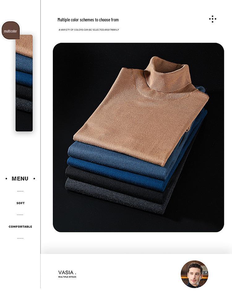 Men's High Neck Wool Sweater - Light Luxury, Solid Color, Brushed Fleece, Autumn/Winter Casual Knit