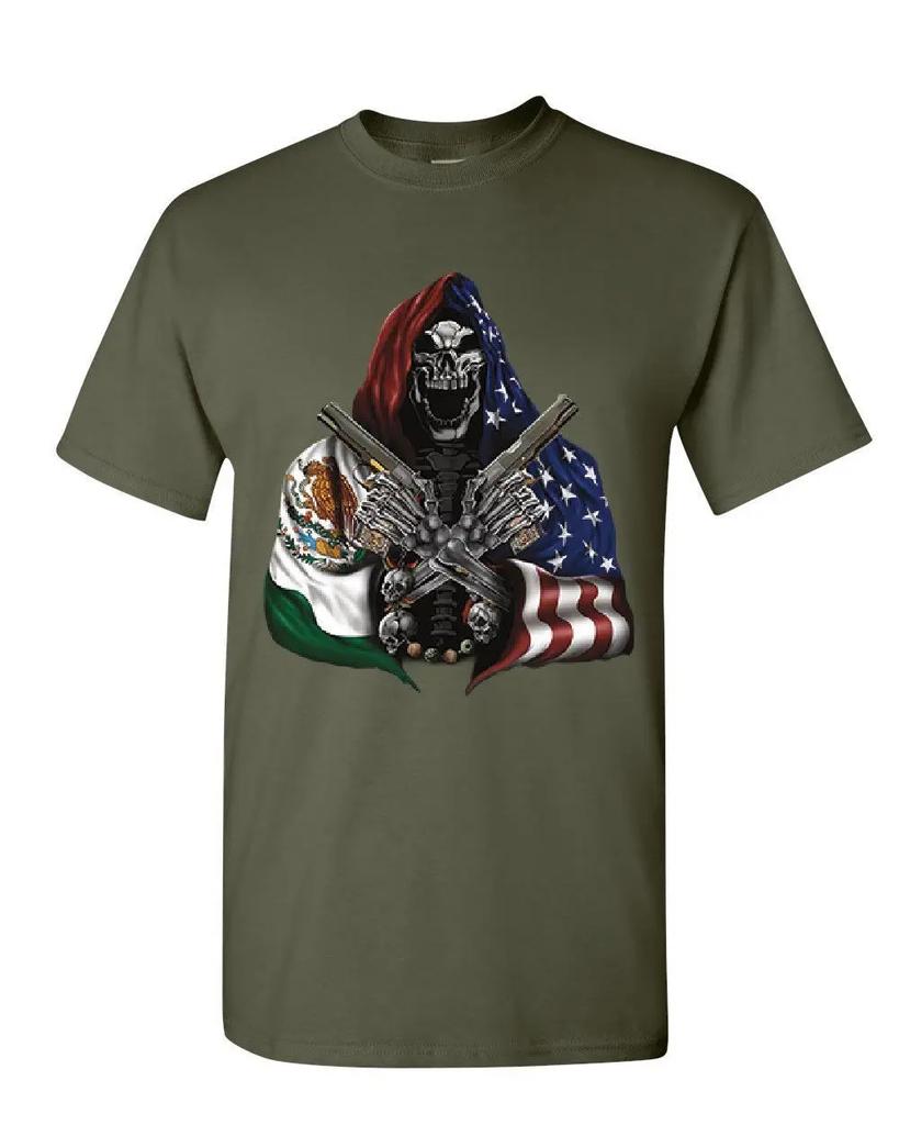 Novel American Mexican Flag Patriot Skeleton HitUnisex with Guns TShirt Summer Cotton Short Sleeve ONeck Unisexs T Shirt New S3XL