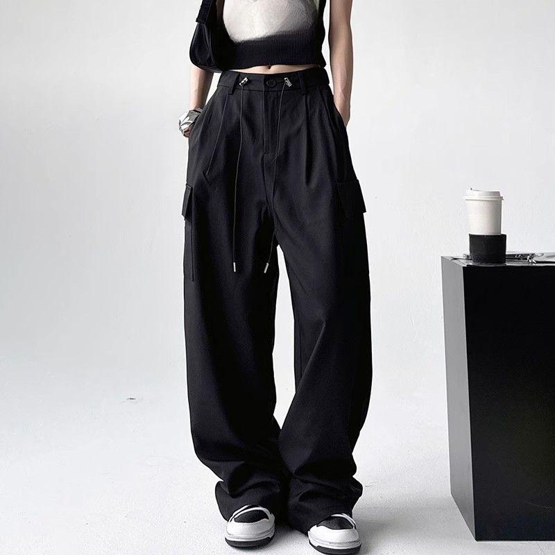 Gray Drapey High Waist Slimming Cargo Pants with Large Pockets - Women's 2025 Spring/Autumn Floor-Length Casual Pants.