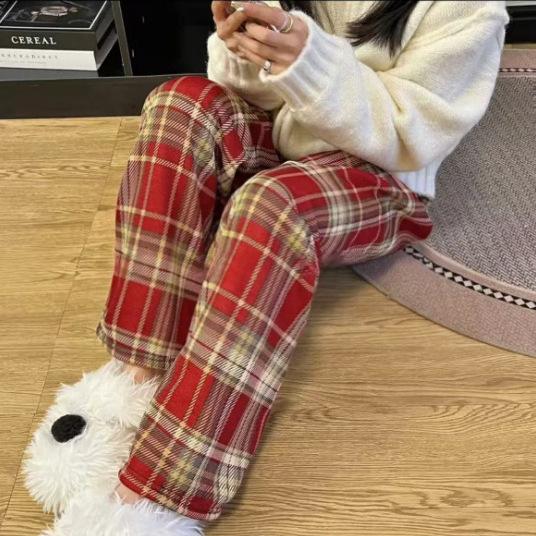 GMXIA Fleece Plaid Pants Women's Autumn and Winter Thickened High-waisted Slimming Straight Leg Casual Floor Wide Leg Pants