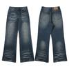 LKTM Unisex American Retro Dark Blue Micro-Flare Jeans, Whiskered Washed Long Pants