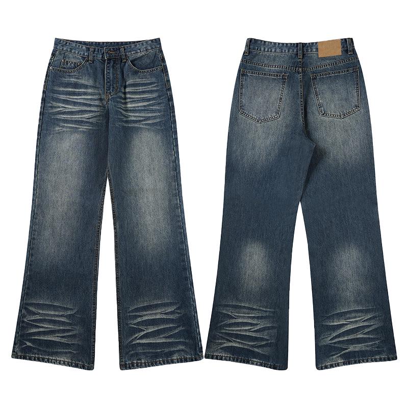 LKTM Unisex American Retro Dark Blue Micro-Flare Jeans, Whiskered Washed Long Pants
