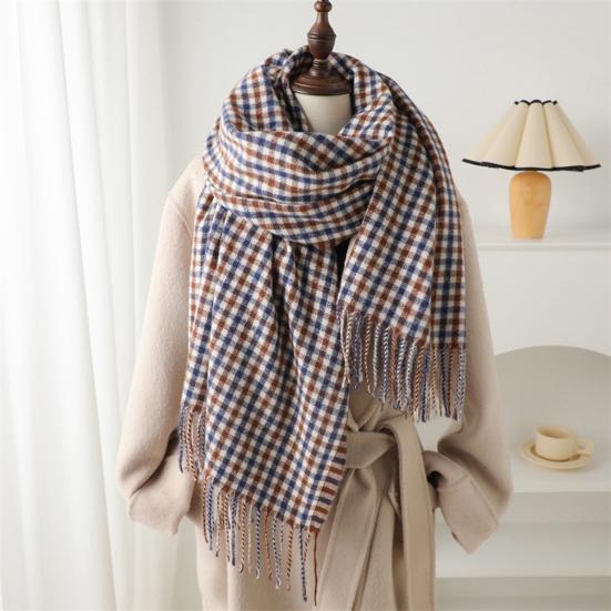 Women Scarf Plaid Print Knitting Shawl with Tassel Decoration Warm Scarf Versatile Comfortable Hair Accessory
