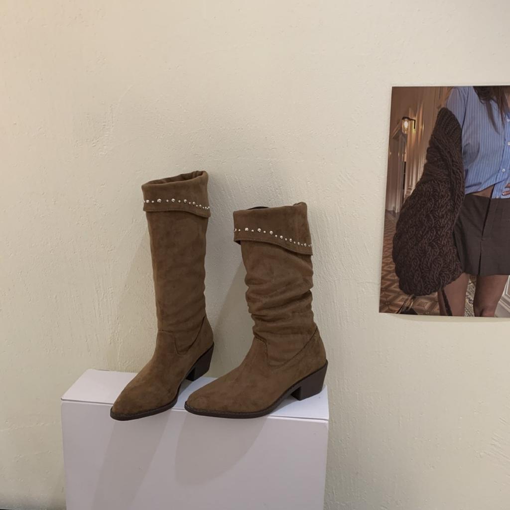 Coarse heel French pointed western cowboy boots women's boots autumn and winter new tall stacking boots