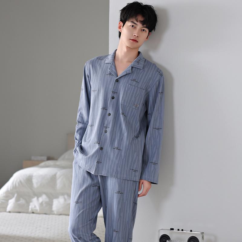 Pure Cotton Pajamas Men'S Spring And Autumn Autumn Cotton Long-Sleeved Casual Men'S Loungewear Autumn And Winter Thin Large Size Suit