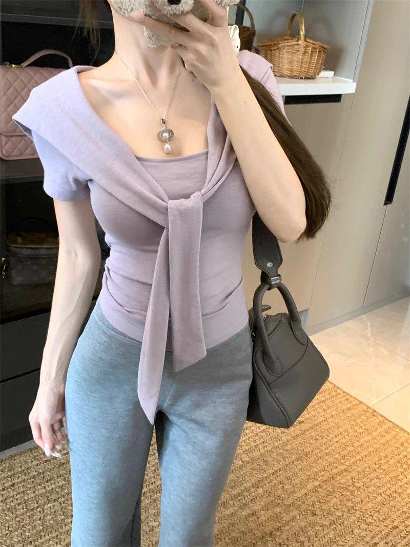 

Женский летний приталенный топ-шаль с коротким рукавом, фиолетовый с вставками цвета таро - Нежный стиль, универсальный стройнящий дизайн Small фиолетовый