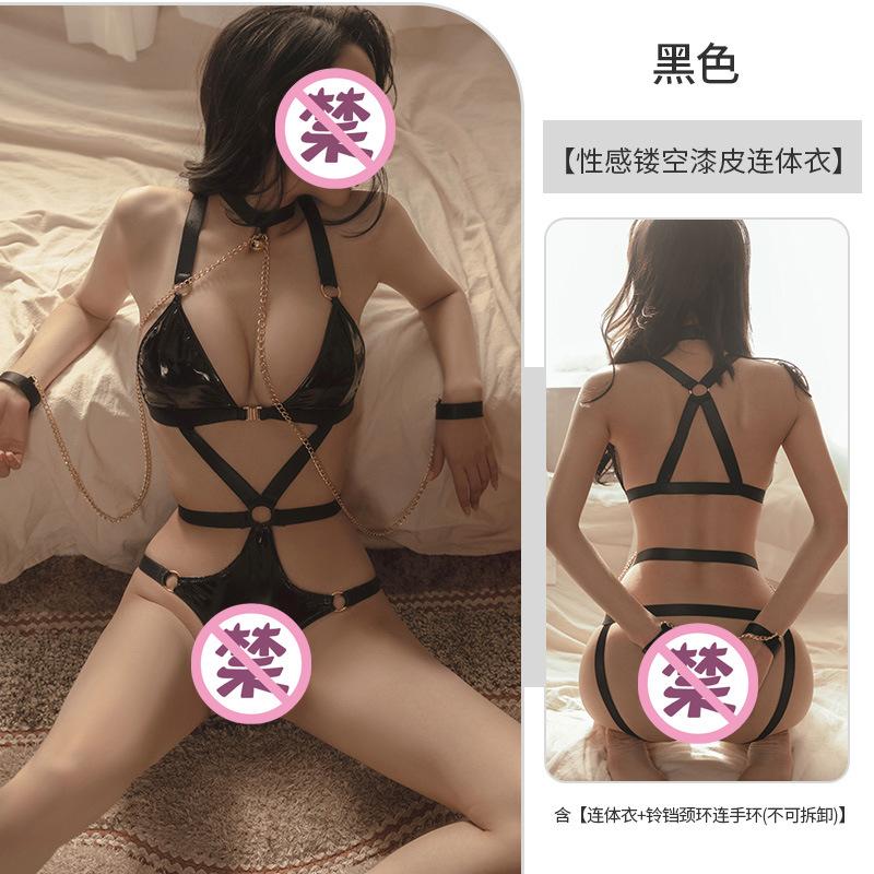 Sex Lingerie Sexy Patent Leather Three-point Onesie Chain Bondage Passion Tied SM Woman