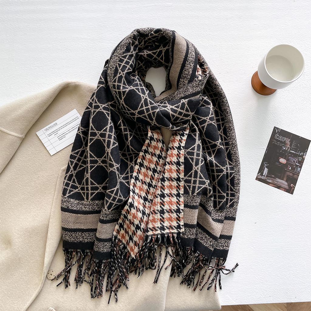 Autumn and winter new geometric thousand bird grid double-sided imitation cashmere scarf women's thickened warm shawl travel photo scarf