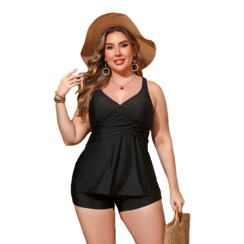 New Split Fat Skirt Two-piece Swimsuit Women's European and American Large Size Solid Color Tankini