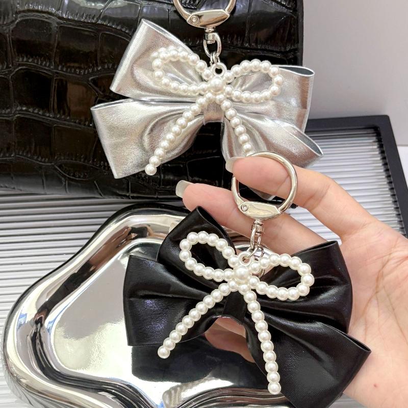Pearl Leather Bow Keychain Bow Beaded Charm Pendant Keyring Jewelry For Girl Women Gift Bag Decoration