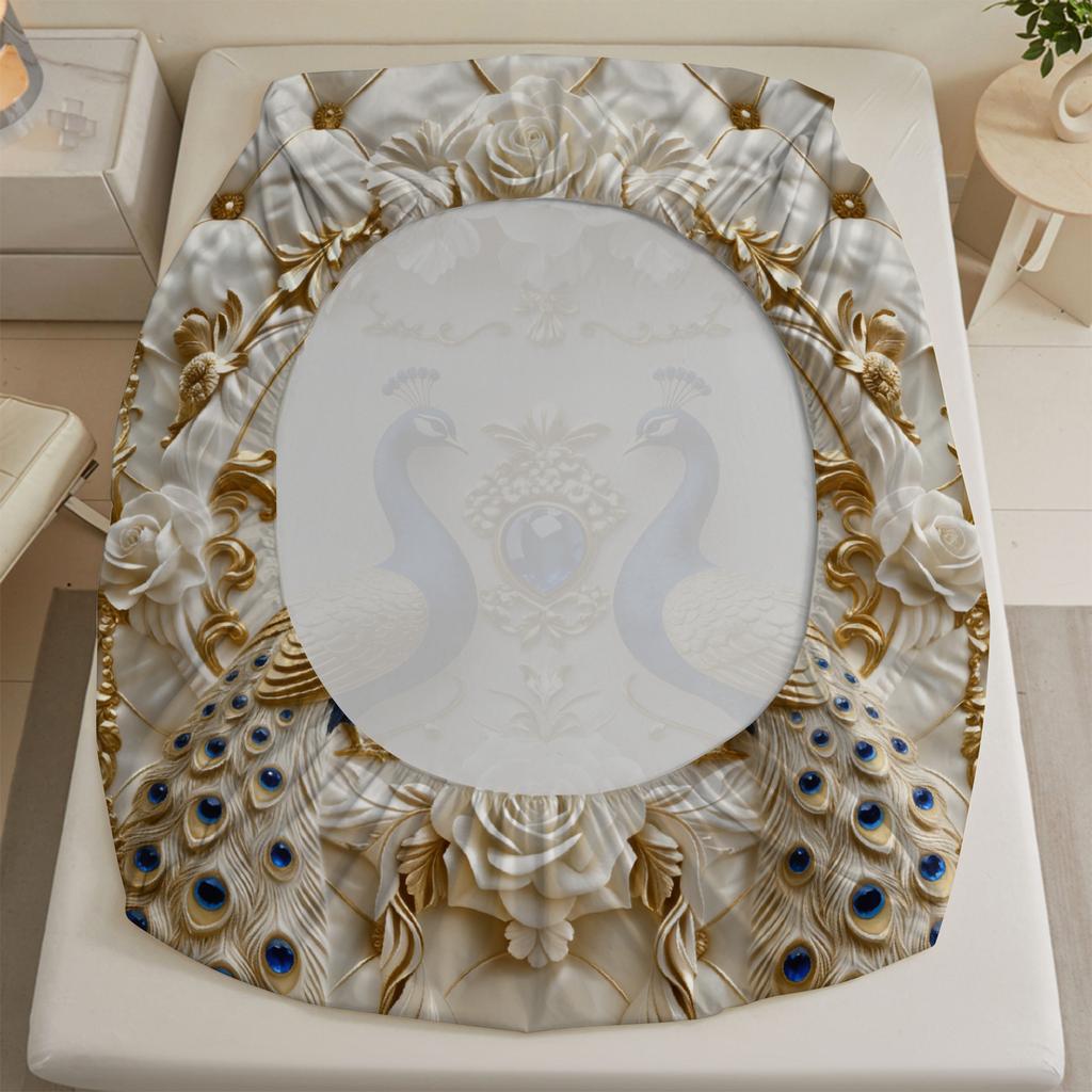 Peacock Floral Bedding Set Fitted Sheet Set Cream Gold Blue Peacock And Rose Pattern With Pillowcases For Bedroom Decor