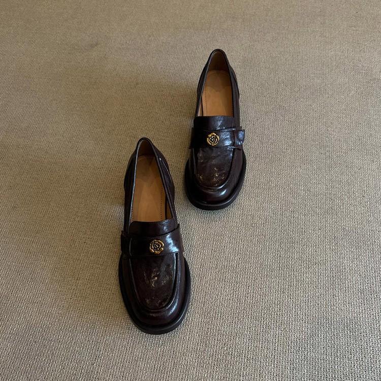 Soft Leather Version~ Retro Thick Heel Loafers Women's Square Head Versatile Medium Heel Small Leather Shoes British Style One-pedal Single Shoes