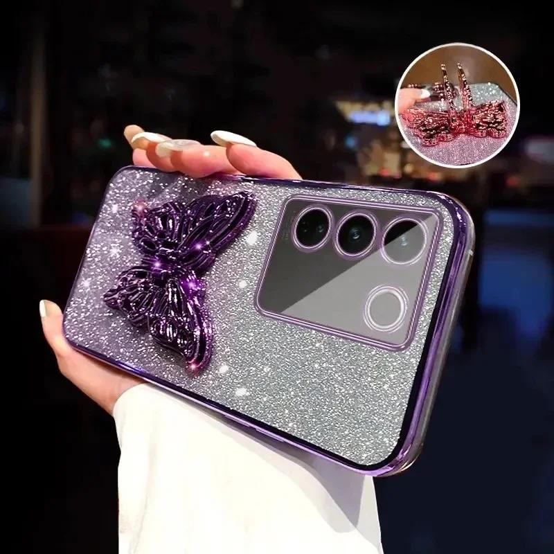3D Butterfly Phone Holder Crystal Bracelet Glitter Plating Case for Samsung Galaxy A16 A06 5G Bling Soft Back Cover