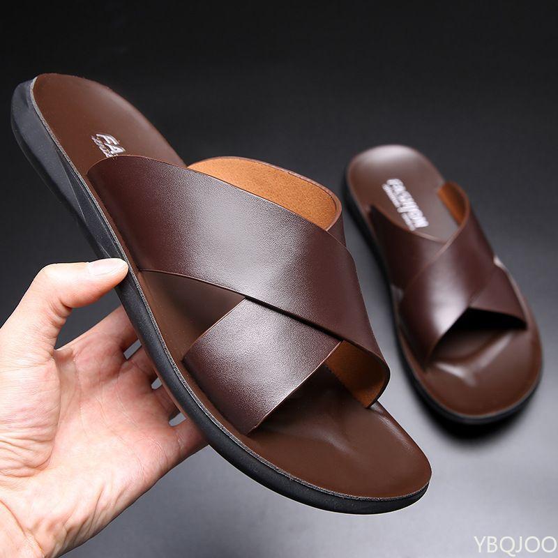 Zapatillas de diseñador para hombre de exterior de cuero, modernas, geniales, tipo mopa, de verano, antideslizantes, zapatos de playa, zapatillas de tira cruzada para hombre, Homme Zapatillas