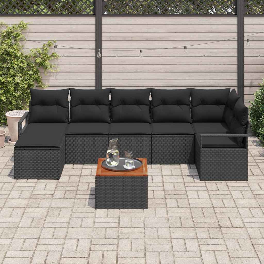 8 Piece Garden Sofa Set with Cushions Black Poly Rattan