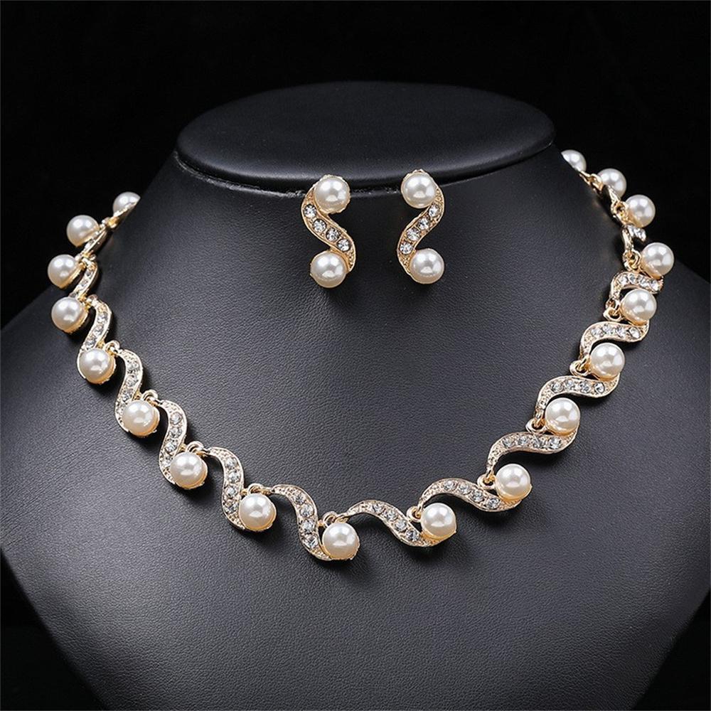 Ladies Elegant Imitation Pearl S-Shape Necklace Earring Set Bridal Clavicle Chain Jewelry for Weddings Women Jewelry Gift