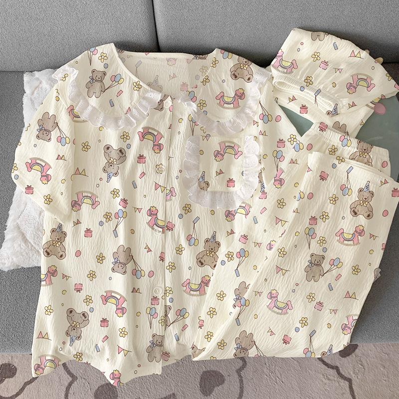 Bear Birthday Party Cartoon Cloud Cotton Summer Doll Collar Lace Pajamas Women'S Three-Piece Set