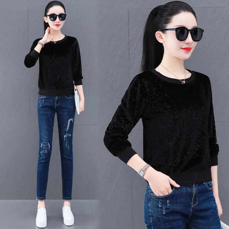 Rundhals Baumwollpullover Damen Frühling Herbst und Winter Koreanische Mode Locker Alleskönner Kurz Langärmeliges Oberteil