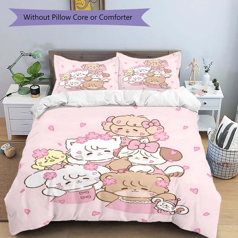 

3pcs Pink Little Animals Quilt Set Cartoon Themed Bed Quilt Set Lovely Character Bedroom Decor Bed Quilt Set Four Seasons (1 Cover + 2Pillowcase 135x200cm