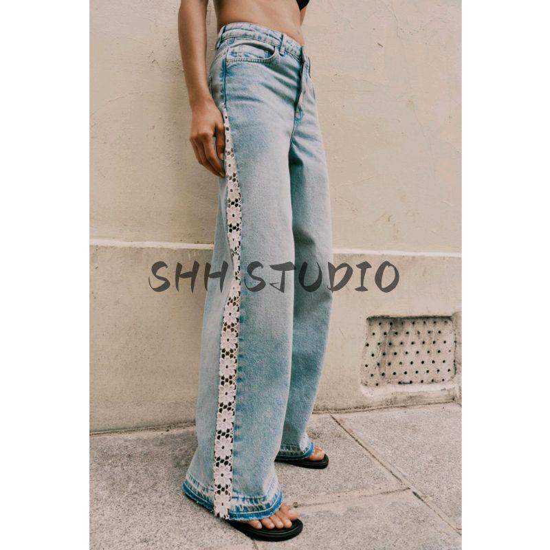 Autumn New Women's Clothing Minimalist Style Stripes with Decorative Crochet Patchwork High Waist Wide Leg Denim 1889153