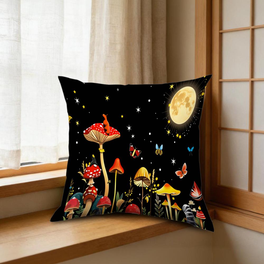 1Pc Fantasy Mushroom Moon Star Cushion Cover Black Printed Pillowcase For Sofa Bed Decorative Home Living Room Soft Breathable