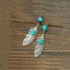 Antique Silver Ethnic Style Earrings With Turquoise Inlaid Leaf Wing Decoration Personalized Accessories Gift Party