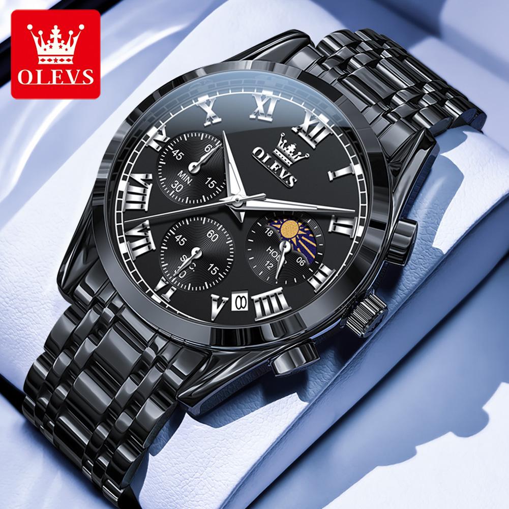 100% Original OLEVS 2871 Men's Watches New Stainless Steel Strap Moon Phase Chronograph Waterproof Luminous Quartz Wristwatches