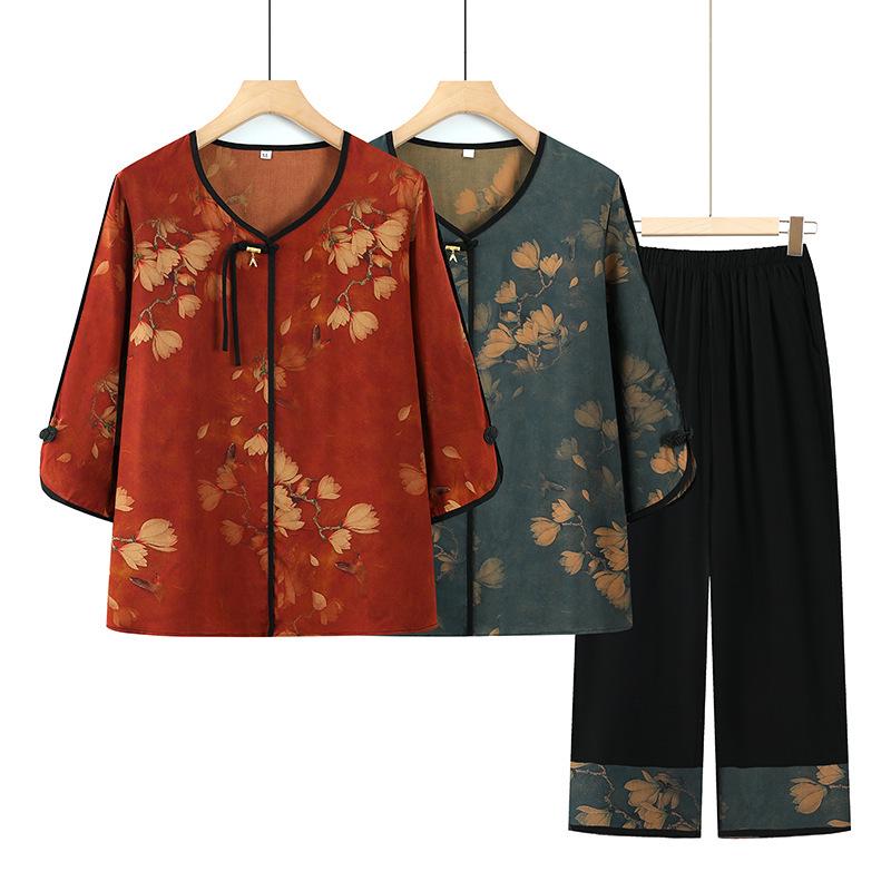 Summer Mid-Sleeve Casual T-Shirt & Thin Two-Piece Set for Elderly Women