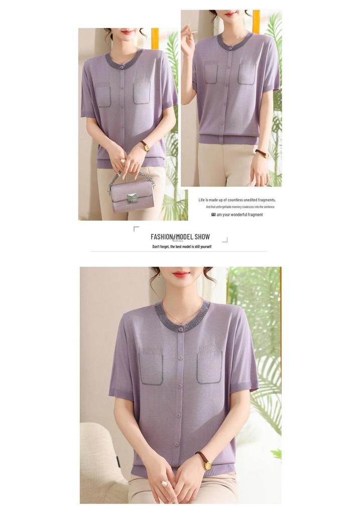 Elegant Ice Silk Short-Sleeve Knitted Top for Middle-Aged Women
