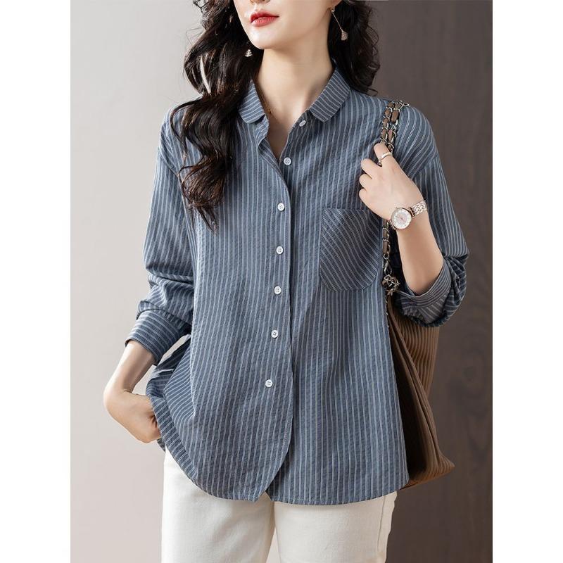 Fashionable Women's Striped Long Sleeve Shirt Women's 2025 New Autumn Shirt Pocket Striped Versatile Top