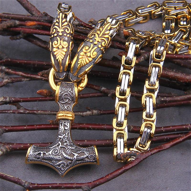 Vintage Nordic Men s Viking Dragon King Chain Thor Hammer Mjolnir Pendant Necklace High Quality Viking Men s Amulet Best Jewelry Gift 60cm dragon head necklace and penda