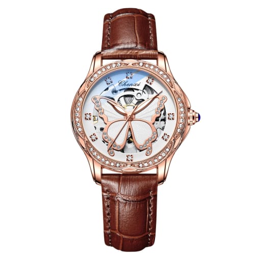 

RORIOS Women s Automatic Mechanical Skeleton Watch with Sparkling Butterfly Dial, Luminous Design, Waterproof, Casual Analog Watch with Diamonds, Styl