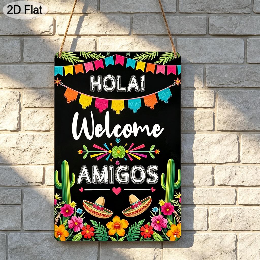 2D Flat 1pc Mexican Welcome Sign - Vintage "Hola! Welcome Amigos" Aluminium Wall Decor with Mexican Straw Hat & Cactus, Aluminium Decoration for