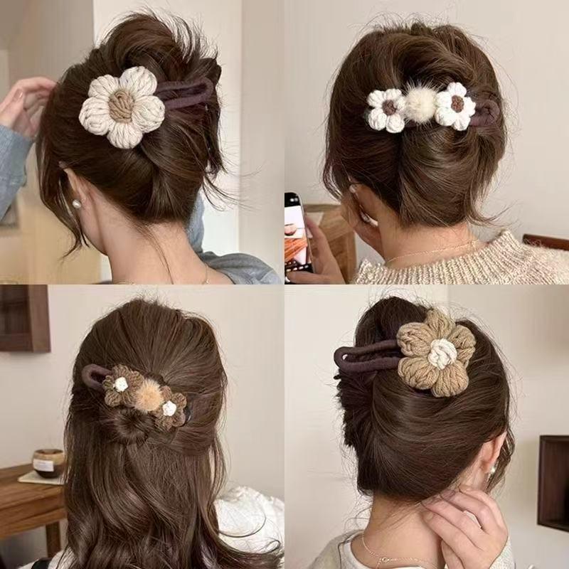 Autumn-Winter Milk Coffee Knitted Floral Hair Clip for Half Updo - Elegant Headwear Accessory