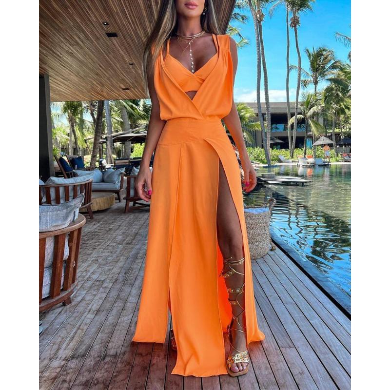 BITCED Women's Fashion Summer Spring Solid Color Print Sleeveless V-Neck Casual Dresses