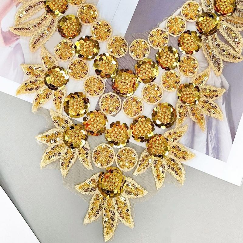 Bestickte Perlen Applikation für Hochzeitskleid Abendkleid Aufnähen Kragen Patches Perlen Pailletten Aufnähen Patches Applikation