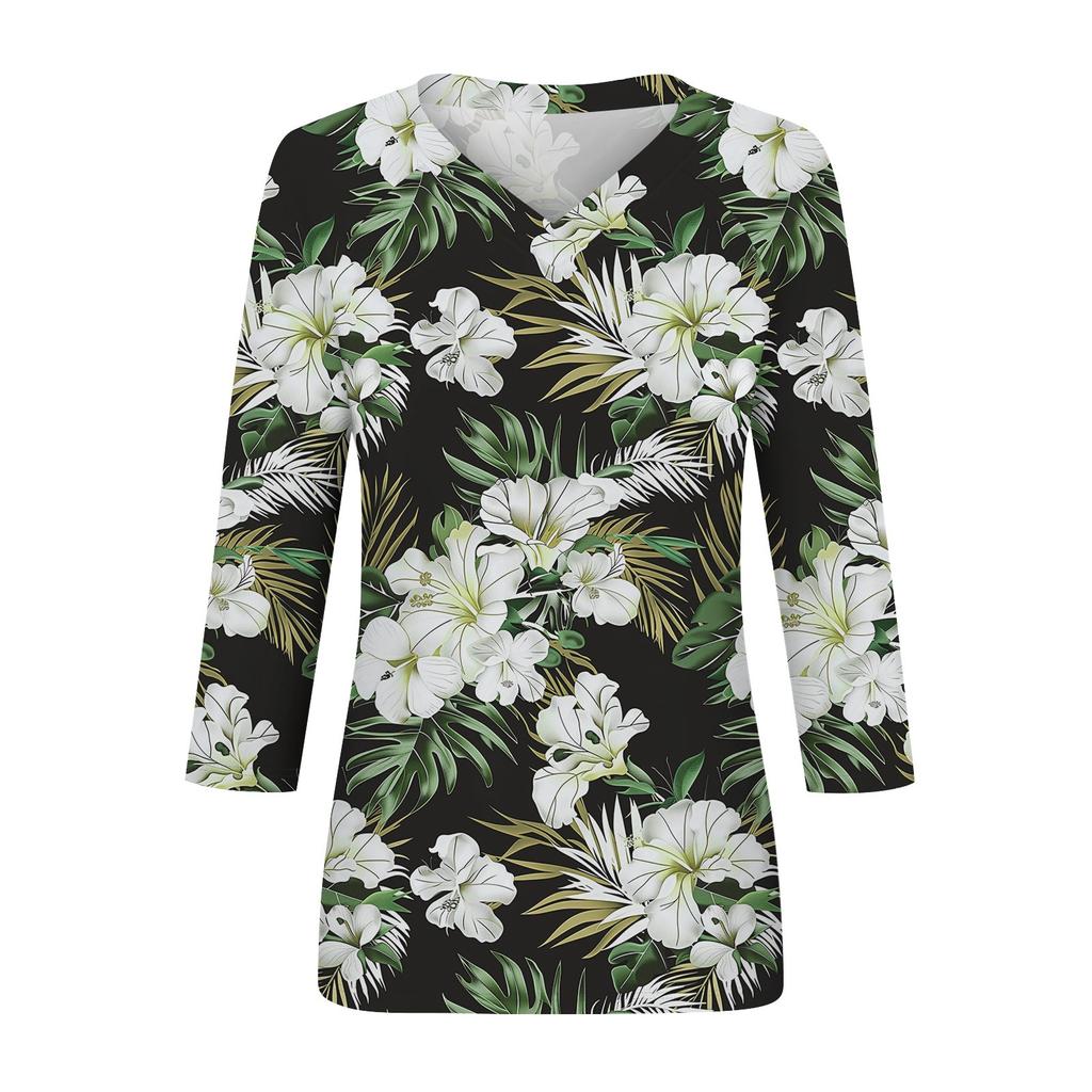 Dámská trička s výstřihem do V a 3/4 rukávy, ležérní trička, základní letní trička, volný svetr