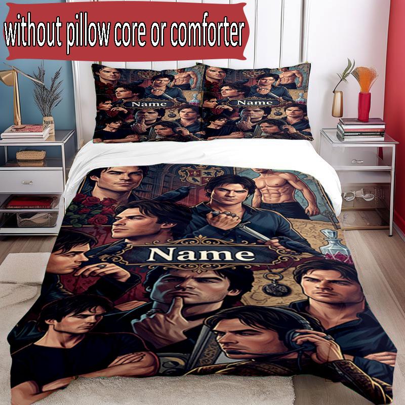 3pcs Duvet Cover Set (1*Duvet Cover + 2*Pillowcase, Without Core), Custom Name Damon Salvatore Pattern Bedding Set, Home Bedroom Decor Gift