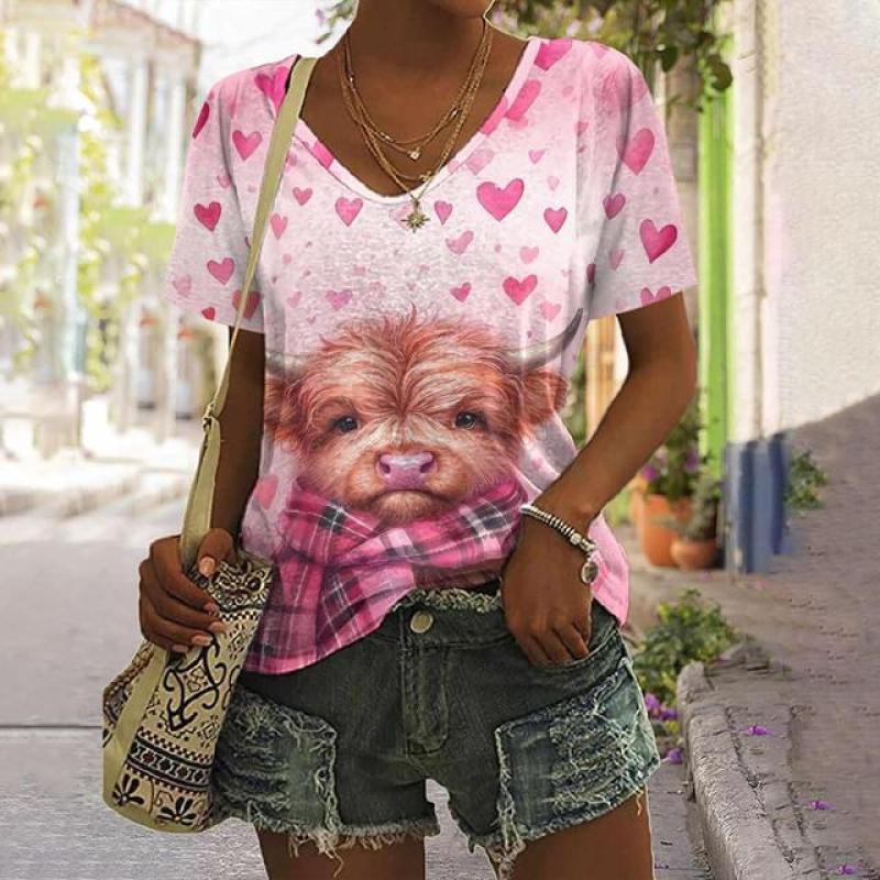 Animal Women's T Shirt Summer Casual Short Sleeve Top Cute Calf Pattern 3d Print Street Fashion V-Neck Female Harajuku Clothing