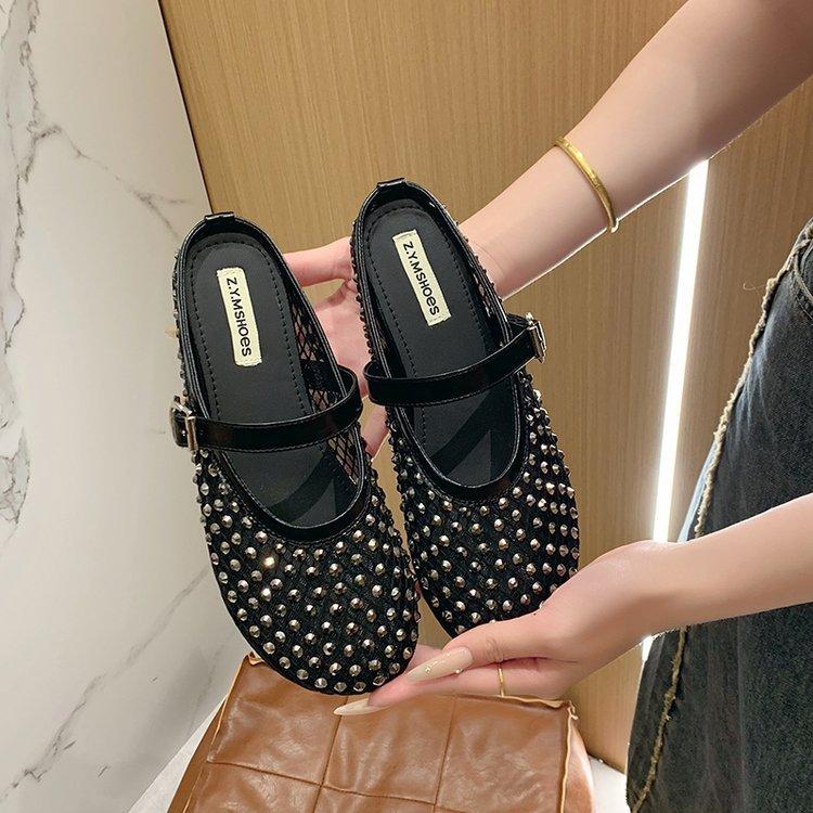 

Soft leather version~ Baotou slippers women s 2025 summer new lazy one-pedal outer wear rhinestone mesh breathable slippers 35