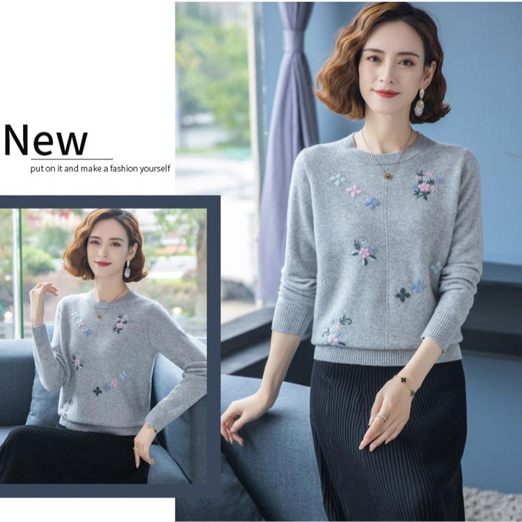 Spring Autumn Women's Crewneck Sweater Embroidered Loose Plus Size Knitwear Pullover Stretch Knit Top