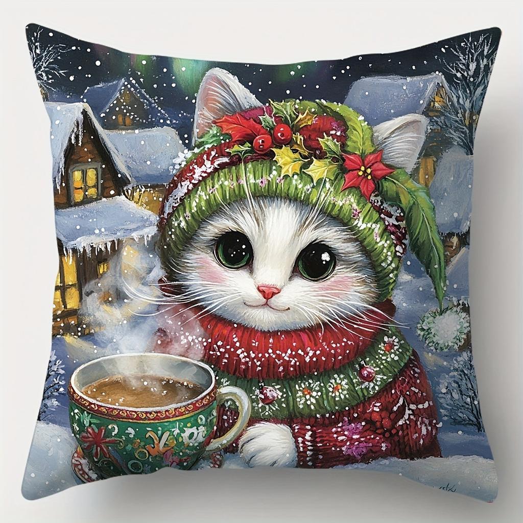 Home Decor Christmas Animals With Cup Of Coffee Pillow Covers Pattern Cushion Cover Suitable For Sofa Bedroom Car Pillow Cover