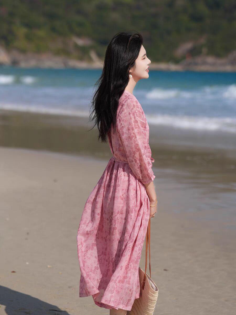 

Летнее новое платье из хлопка и льна с принтом для женщин, платье средней и длинной длины с завышенной талией и тонким круглым вырезом, с рукавами семь четвертей и цветочным принтом 2XL